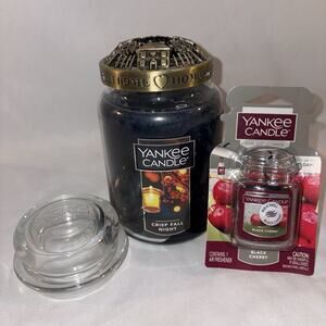 Yankee Candle Crisp Fall Night BUNDLE w Candle Topper And Cherry Car Jar
